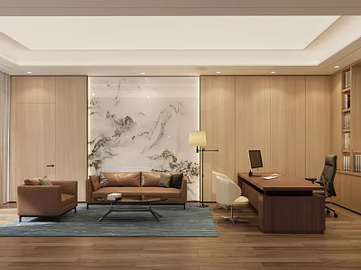 Modern Office Interior Design With Sofa Desk Computer Landscape Painting And Wooden Walls 3d model