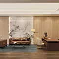 Modern Office Interior Design With Sofa Desk Computer Landscape Painting And Wooden Walls