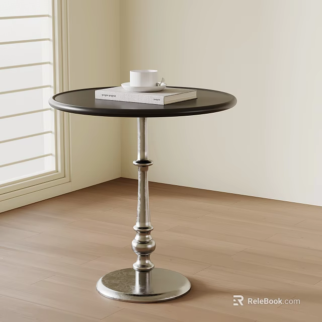 Dark Top Side Table with Silver Base Holding White Cup and Books by Shutter Window 3d model 