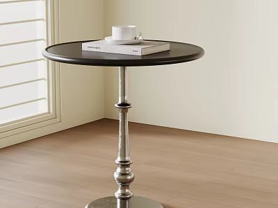 Dark Top Side Table with Silver Base Holding White Cup and Books by Shutter Window 3d model