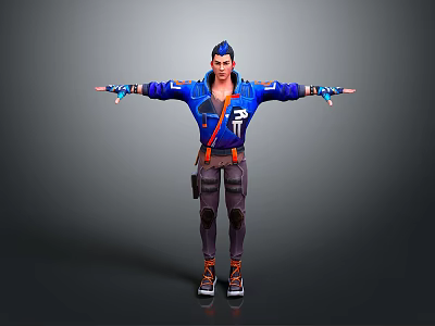 Man In Blue Jacket Standing With Arms Outstretched Decorative Cuffs Dark Pants Orange Shoes 3d model