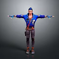 Man In Blue Jacket Standing With Arms Outstretched Decorative Cuffs Dark Pants Orange Shoes