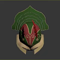 Medieval Ornate Weapon Helmet With Green Red And Gold Accents And Intricate Horns