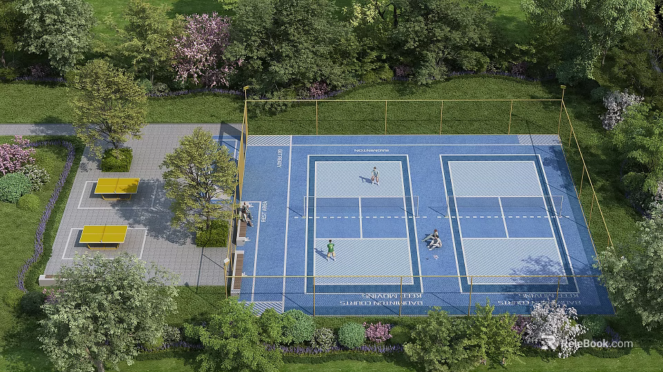Outdoor Tennis Court With Green Surroundings People Playing Fitness Sports Activity 3d model 
