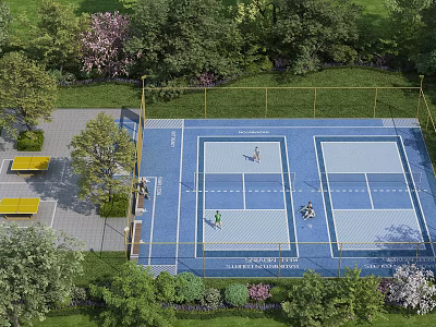 Outdoor Tennis Court With Green Surroundings People Playing Fitness Sports Activity 3d model