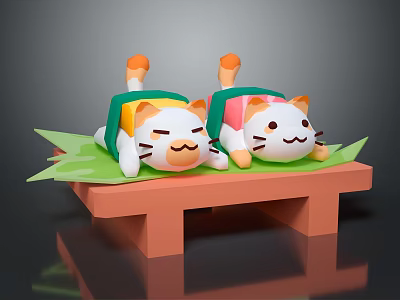 Cartoon Cat Dolls In Different Colored Clothes Lying On Green Leaves Over Orange Small Table 3d model
