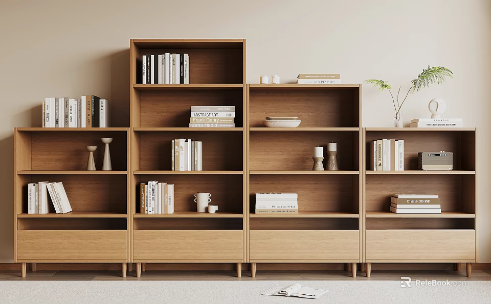 Modern Wooden Bookcase With Multi Tiered Shelves Books Decorative Items And Drawers 3d model 