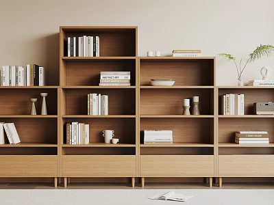 Modern Wooden Bookcase With Multi Tiered Shelves Books Decorative Items And Drawers 3d model