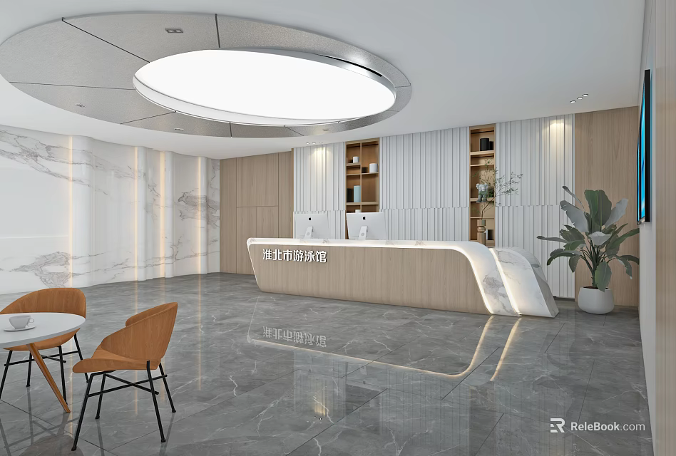 Modern Reception Desk Interior With Wooden Counter Marble Floor And Circular Ceiling Light 3d model 