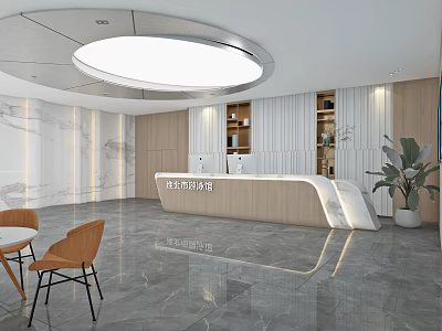 Modern Reception Desk Interior With Wooden Counter Marble Floor And Circular Ceiling Light 3d model