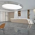 Modern Reception Desk Interior With Wooden Counter Marble Floor And Circular Ceiling Light