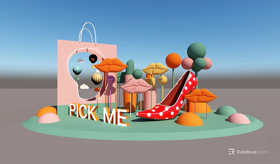 Vibrant Pick Me Display with Pink Shopping Bag Red Polka Dot Heels and Colorful Decorations 3d model 