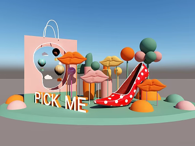 Vibrant Pick Me Display with Pink Shopping Bag Red Polka Dot Heels and Colorful Decorations 3d model