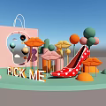 Vibrant Pick Me Display with Pink Shopping Bag Red Polka Dot Heels and Colorful Decorations