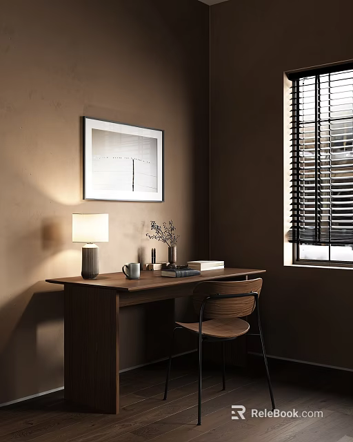 Cozy Wooden Desk with Table Lamp Vase Books and Chair Near Window Blinds Framed Art 3d model 