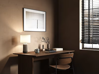 Cozy Wooden Desk with Table Lamp Vase Books and Chair Near Window Blinds Framed Art 3d model