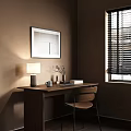 Cozy Wooden Desk with Table Lamp Vase Books and Chair Near Window Blinds Framed Art