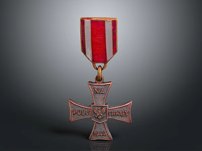 Cross Sculpture Medal Carving with Red White Ribbon and Inscribed NA POUTI HRAFA 1921 3d model
