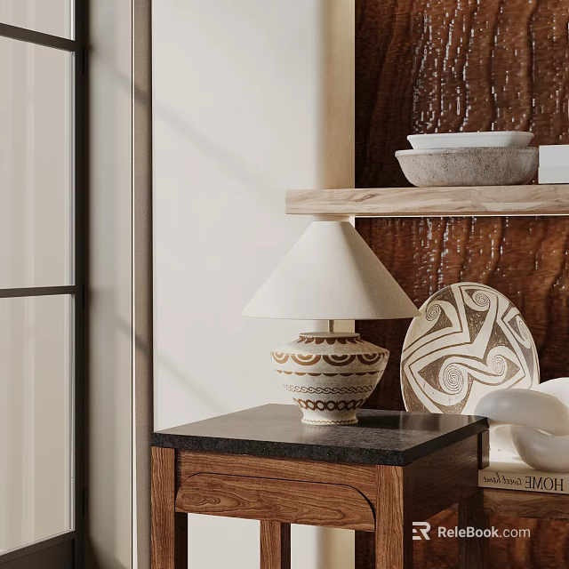 Modern Table Lamp With White Lampshade And Patterned Base On Dark Countertop Near Wooden Shelf 3d model 