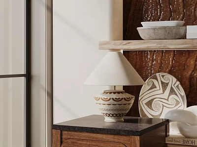 Modern Table Lamp With White Lampshade And Patterned Base On Dark Countertop Near Wooden Shelf 3d model