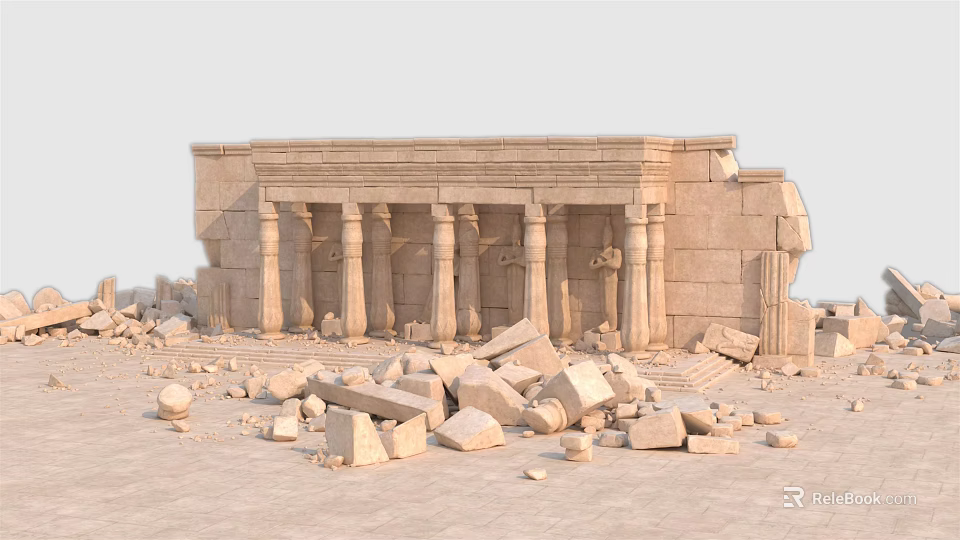 Ancient Egyptian Temple Ruins With Tall Columns Broken Walls And Scattered Stones 3d model 