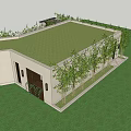 Modern Detached Villa With White Exterior Wooden Grilles And Bamboo Plants On Green Lawn
