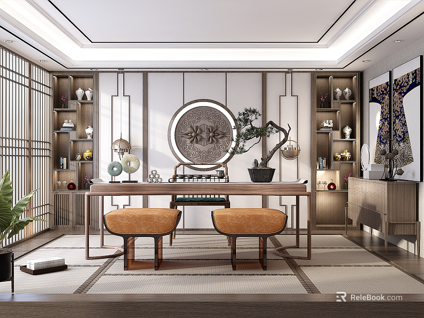Traditional Chinese Tea Room Interior With Round Decorative Panel Wooden Table And Potted Plants 3d model 