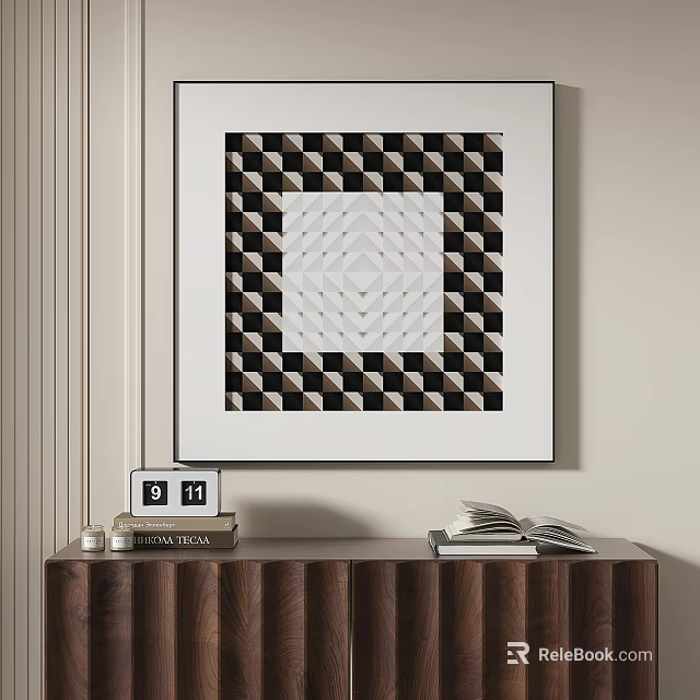 Geometric Pattern Artwork On Wall With Wooden Console Table Calendar And Stacked Books 3d model