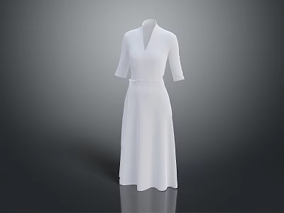 White V neck Mid Length Sleeves Long Dress With Waist Belt And Simple Design 3d model
