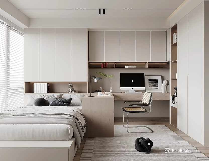 Minimalist Tatami Bedroom Interior With White Cabinets Desk Computer Chair And Window Blinds 3d model 