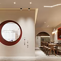Anning Xuan Traditional Chinese Tea Room With Circular Window Wooden Tables And Hanging Lamps