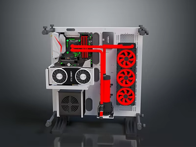 Open Frame Gaming PC Case With Red Cooling Fans And Liquid Cooling System 3d model