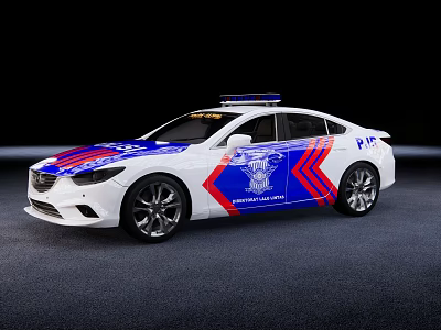 Police Function Vehicle With White Body Blue Red Stripes And Police Lights Badge 3d model