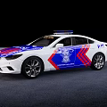 Police Function Vehicle With White Body Blue Red Stripes And Police Lights Badge