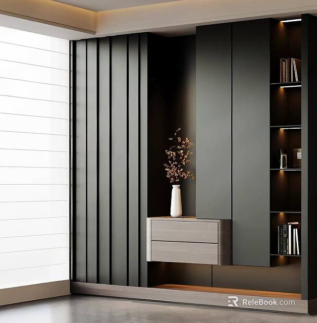 Modern Stylish Shoe Cabinet with Gray Black Cabinetry Mirror Vase and Shelves Lighting 3d model 