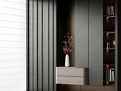 Modern Stylish Shoe Cabinet with Gray Black Cabinetry Mirror Vase and Shelves Lighting 3d model