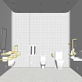 Elegant Modern Public Restroom With White Tiled Walls Golden Handrails Washbasins Toilets And Mirrors