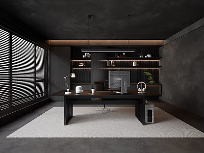 Modern Dark Study Room With Black Desk Bookshelves Louvered Windows Green Plant And Gray Rug 3d model
