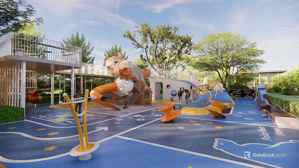 Outdoor Kids Playground With Tiger Shaped Climbing Slide Blue Play Surface And Green Trees 3d model 