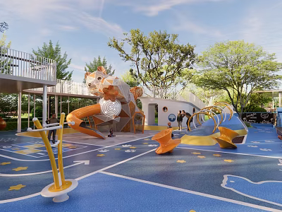 Outdoor Kids Playground With Tiger Shaped Climbing Slide Blue Play Surface And Green Trees 3d model