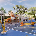 Outdoor Kids Playground With Tiger Shaped Climbing Slide Blue Play Surface And Green Trees