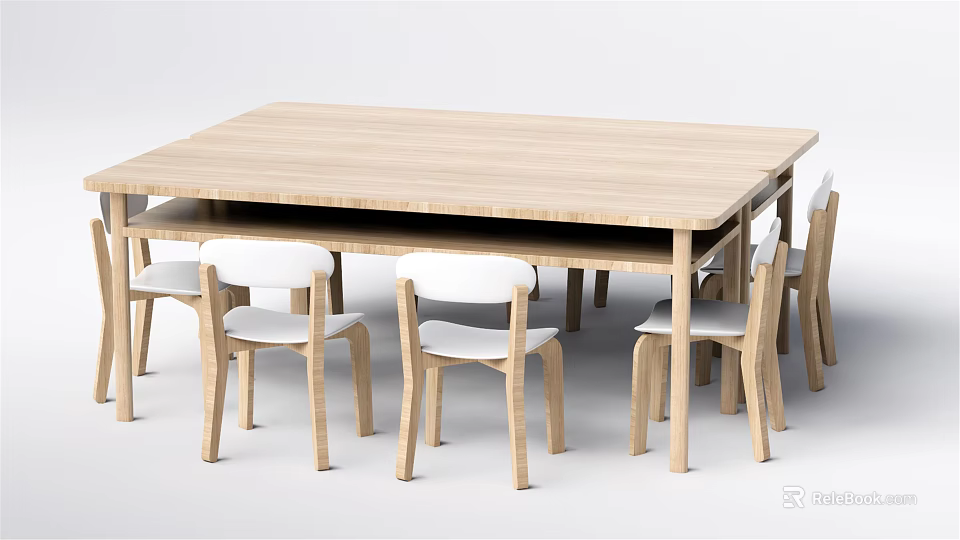 Wooden Children's Table with Light Colored Chairs for Study Play Simple Design 3d model 