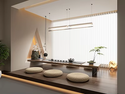 Serene Traditional Tea Room Interior With Wooden Counter Floor Cushions And Tea Sets 3d model