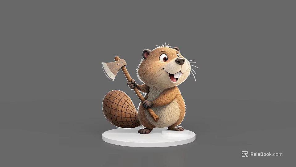 Cute Beaver 3D Model Holding Axe Carrying Net Bag On White Base With Happy Expression 3d model 