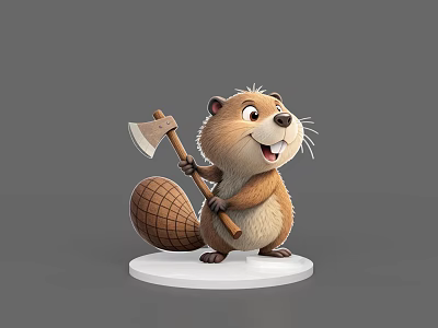 Cute Beaver 3D Model Holding Axe Carrying Net Bag On White Base With Happy Expression 3d model