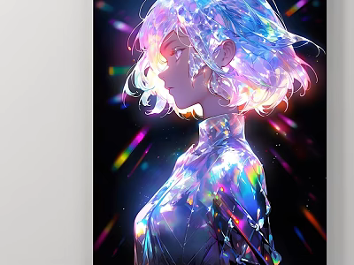 Portrait of vibrant crystal-haired figure in shiny tight attire with colorful light on black background 3d model