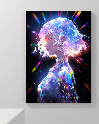 Portrait of vibrant crystal-haired figure in shiny tight attire with colorful light on black background 3d model