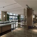 Modern Restaurant Interior With Dining Tables Chairs Green Plant And Marble Floor