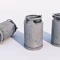 Vintage Industrial Equipment Three Old Style Metal Barrels With Wood Grain Texture One Lying On Ground