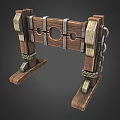 Medieval Wooden Restraint Structure With Metal Straps Chains And Circular Holes